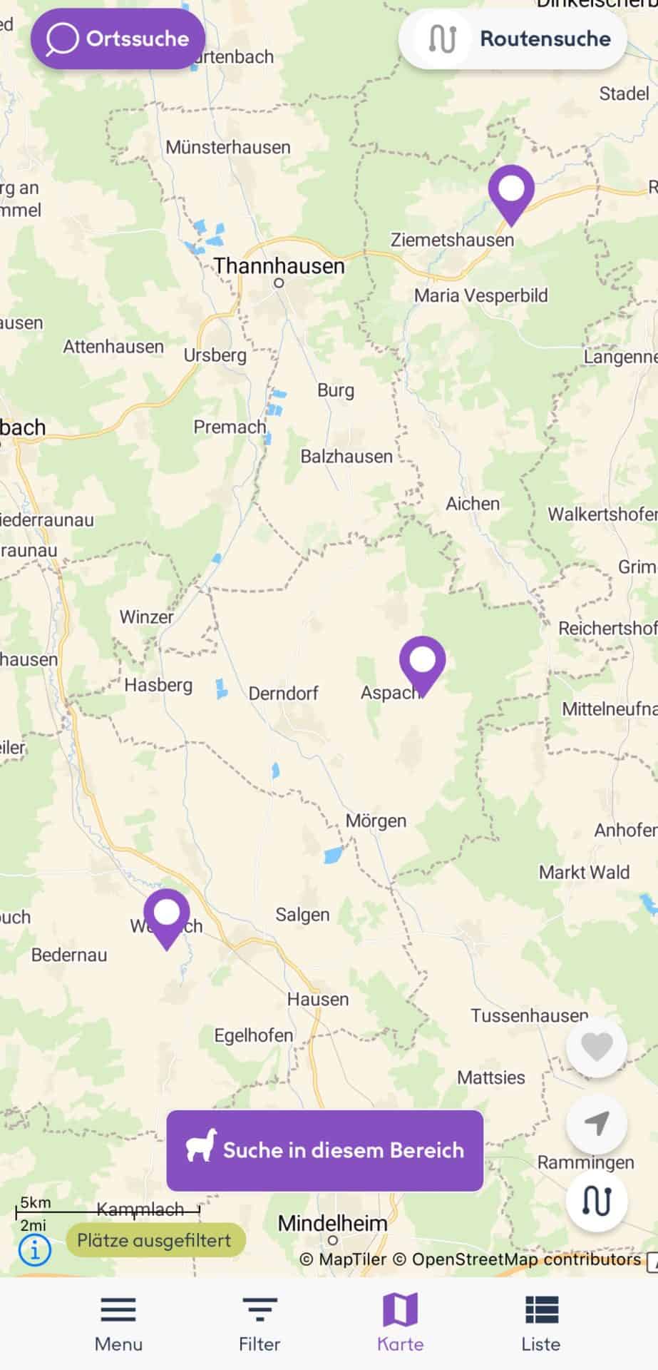 Kartenansicht der AlpacaCamping-App mit drei lila Platzmarkern zwischen Thannhausen und Mindelheim, unten die Leiste mit Menü, Filter, Karte und Liste