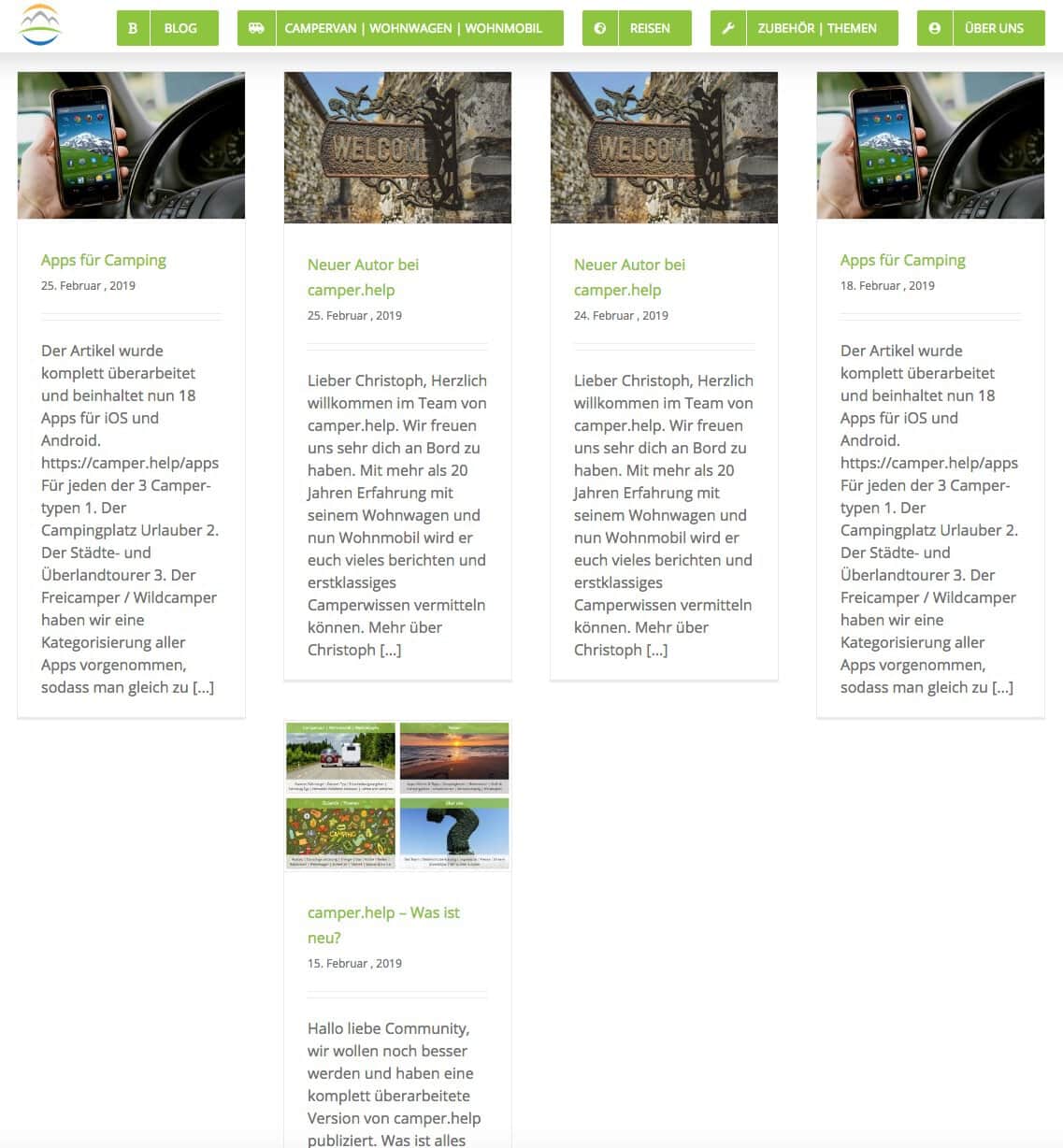 Beitragsübersicht-camper-help-2019 Beitragsübersicht von camper.help im Februar 2019, grüne Menüleiste und fünf Kacheln mit Bild, Überschrift und langem Textauszug