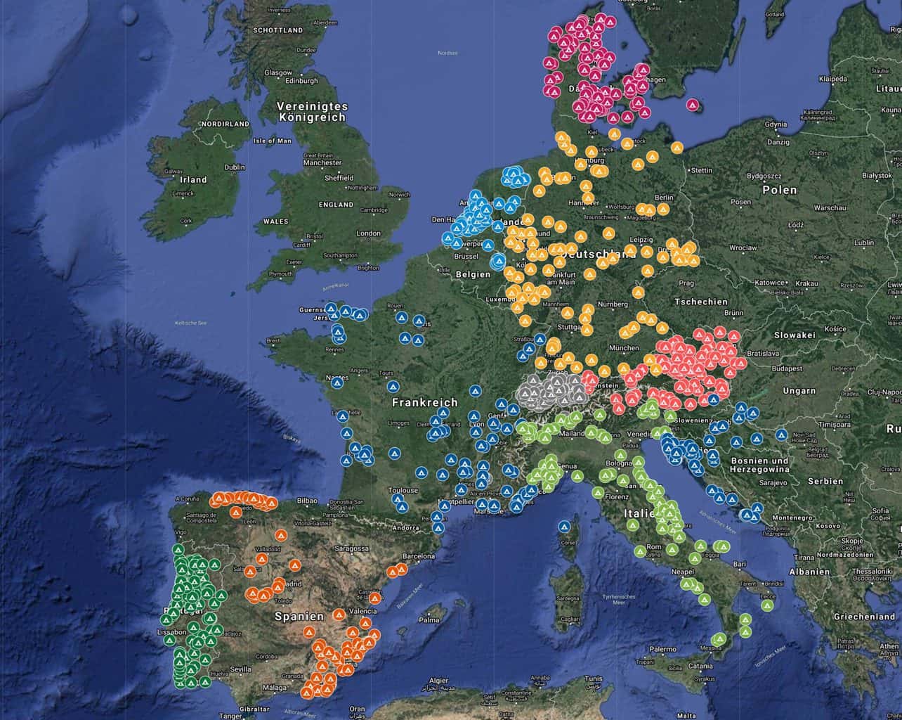 Die-besten-1000-Camingplätze-Europa-Deutschland-Österreich-Schweiz-Italien-Kroatien-Frankreich-Spanien-Portugal-Niederland-Dänemark-Satelittenansicht