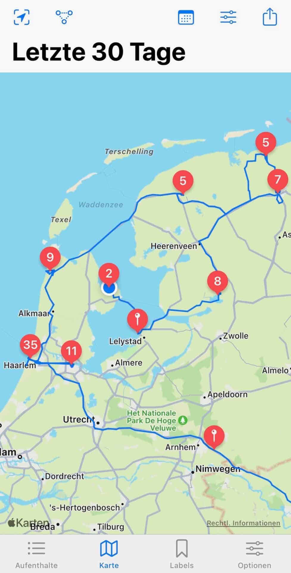 , Geory App Karte Detailansicht Reiseroute letzten 30 Tage