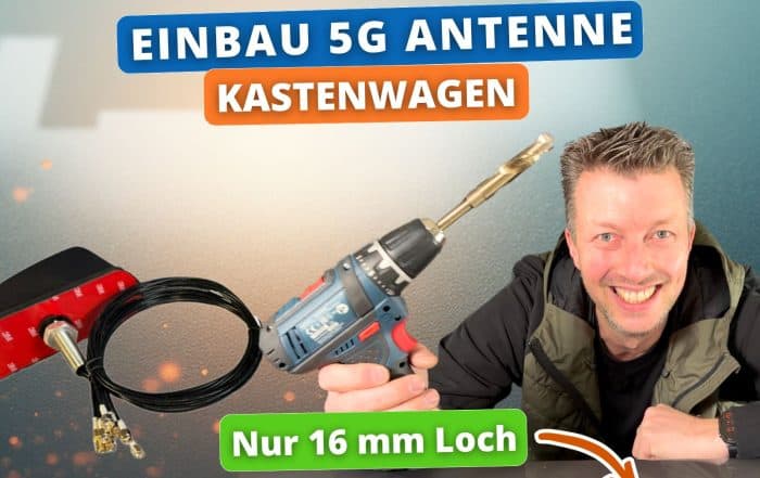 Vorschaubild zum Einbau der 5G-Antenne im Kastenwagen: Mann mit Akkuschrauber, langem Bohrer und der roten Antennenplatte