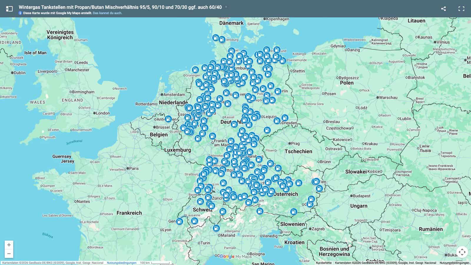 Google-My-Maps-Karte mit rund 300 LPG-Tankstellen für Wintergas, vor allem in Deutschland, dazu Österreich, Schweiz und Belgien