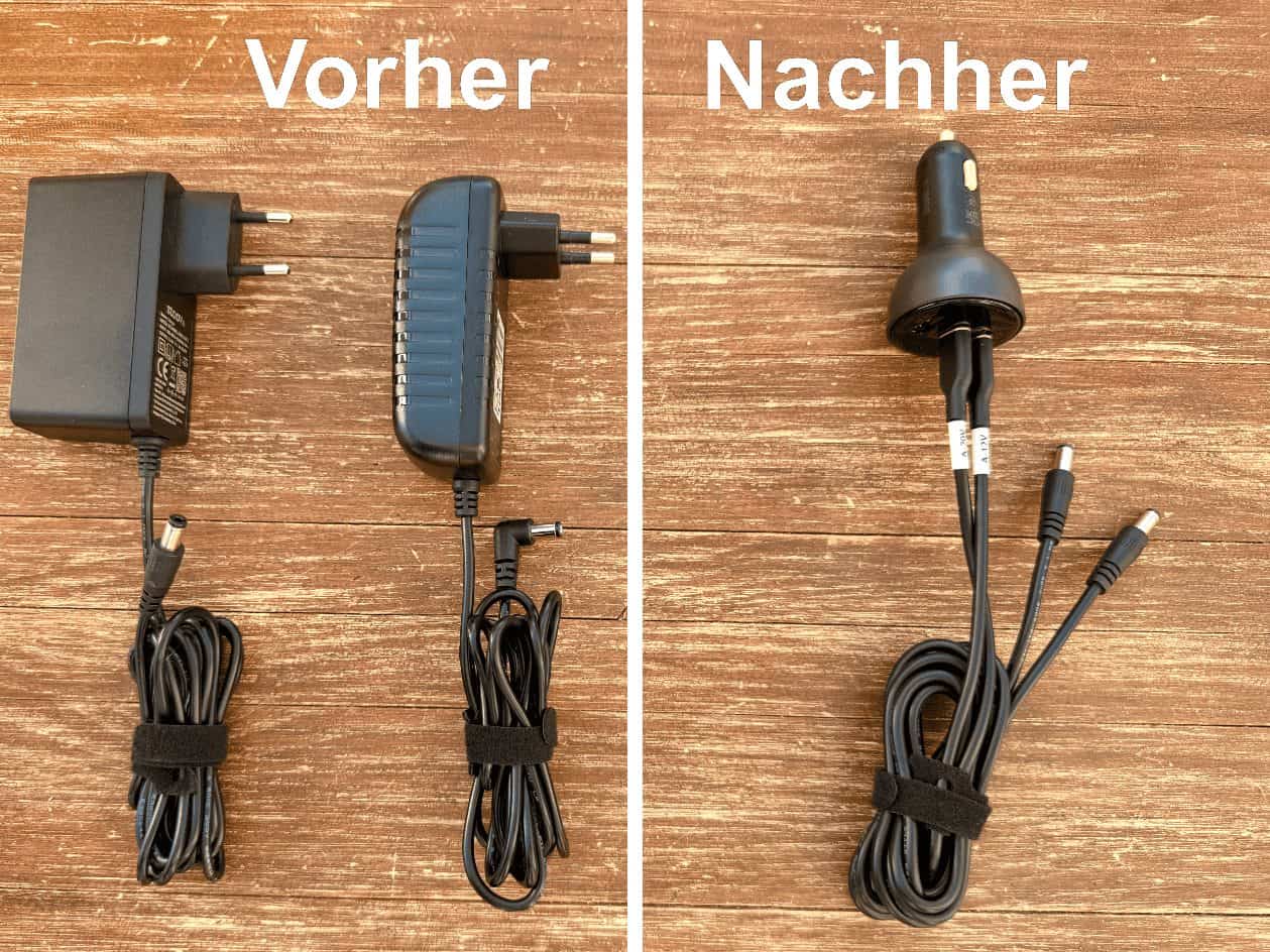 Ladekabel Ladestecker vorher nachher Vorher und nachher: zwei Steckernetzteile mit aufgewickelten Kabeln neben einem einzelnen Kfz-Ladeadapter mit zwei Kabeln