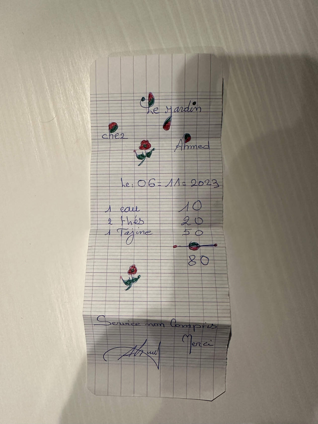 Marokko Rechnung Restaurant Chez Ahmed handgeschrieben , Marokko Rechnung Restaurant Chez Ahmed handgeschrieben