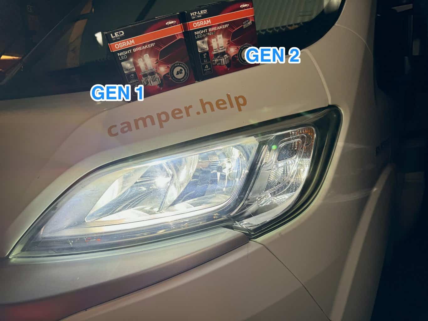 Test und Vergleich der neuen Generation – OSRAM NIGHT BREAKER H7 LED GEN 2, OSRAM NIGHT BREAKER H7 LED im Fiat Ducato Scheinwerfer links GEN 1 rechts GEN 2
