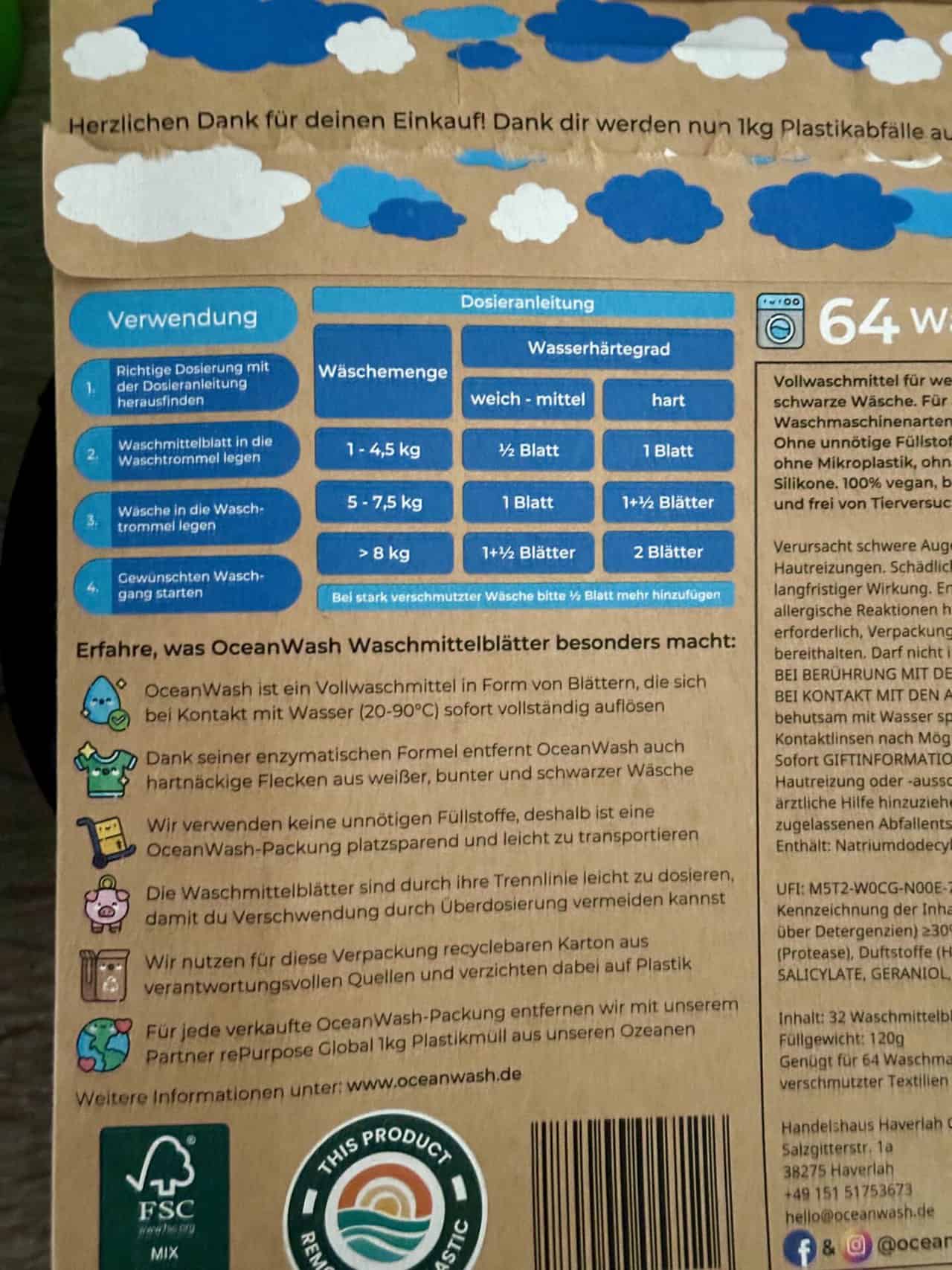 Oceanwash Dosieranweisung , Oceanwash Dosieranweisung