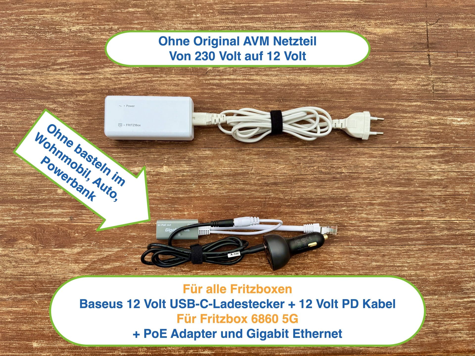 Original AVM Fritzbox 230 Volt Netzteil und Baseus 12 Volt USB C Ladestecker 12 Volt PD Kabel PoE Adapter , Original AVM Fritzbox 230 Volt Netzteil und Baseus 12 Volt USB C Ladestecker 12 Volt PD Kabel PoE Adapter