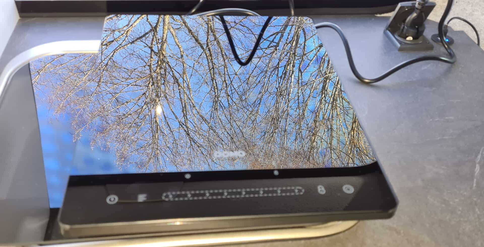 Schwarze DOMO-Induktionsplatte auf der Arbeitsplatte im Camper, im Glas spiegeln sich kahle Bäume und blauer Himmel, dahinter das Kabel