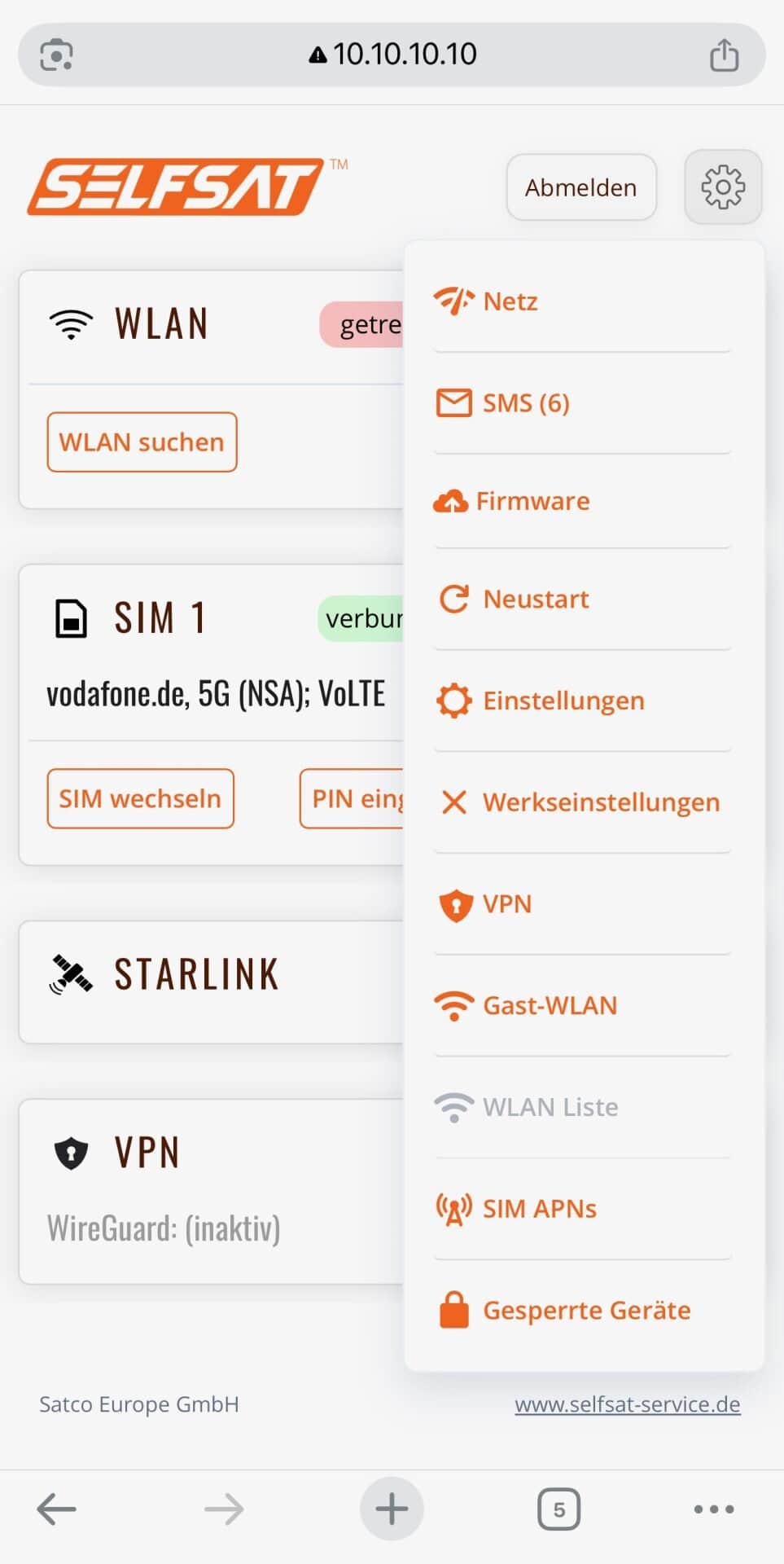 SELFSAT Einstellungen Menue , SELFSAT Einstellungen Menue