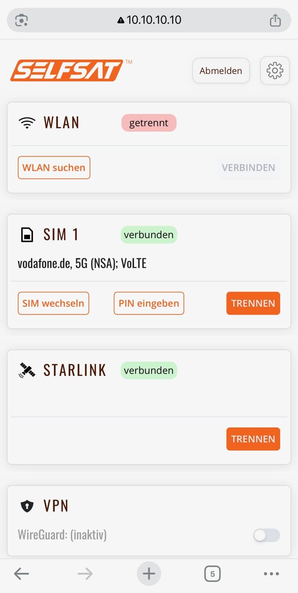 SELFSAT Hauptmenue WLAN Mobillfunk Starlink VPN , SELFSAT Hauptmenue WLAN Mobillfunk Starlink VPN