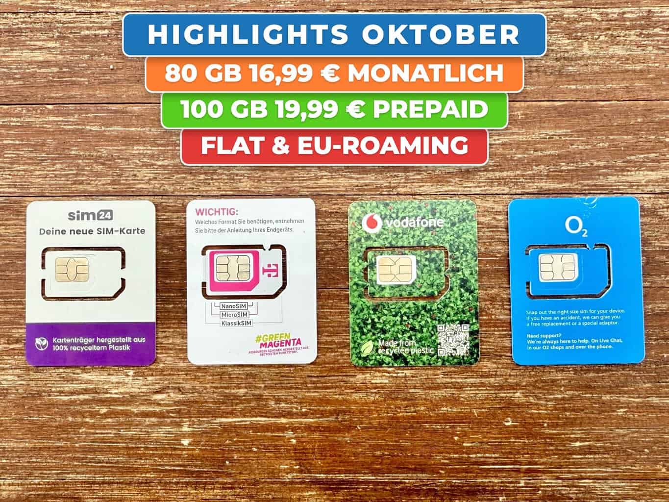 Vier SIM-Karten von sim24, Telekom, Vodafone und O2 auf einem Holztisch, darüber die Tarif-Highlights im Oktober 2026