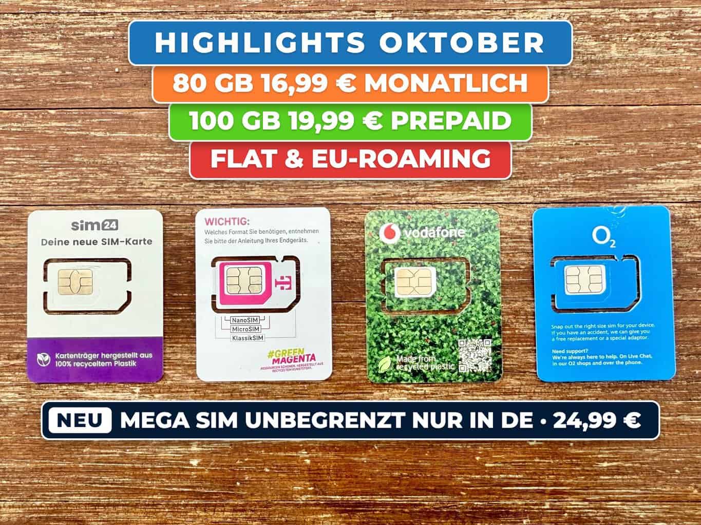 Vier SIM-Karten von sim24, Telekom, Vodafone und O2 auf einem Holztisch, darüber die Tarif-Highlights im Oktober 2026, unten neu Mega SIM unbegrenzt nur in Deutschland