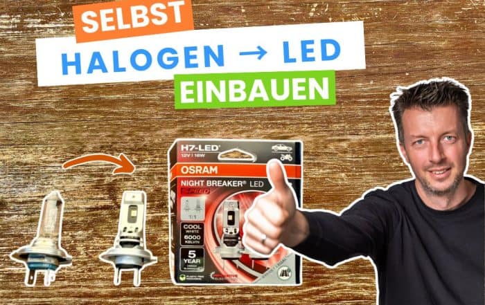 Vorschaubild „Halogen zu LED einbauen“: die OSRAM Night Breaker H7-LED in der Verpackung, daneben zwei ausgebaute Halogenlampen