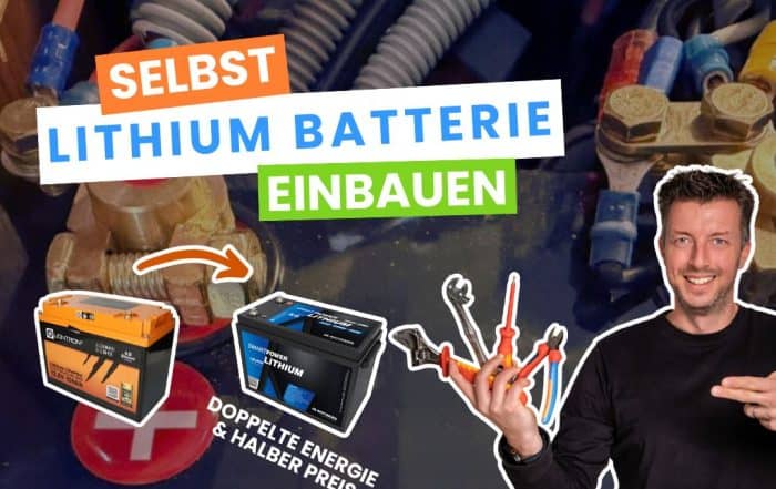 Vorschaubild „Selbst Lithium Batterie einbauen“: alte Bleibatterie und neue Smart-Power nebeneinander mit dem Hinweis doppelte Energie und halber Preis