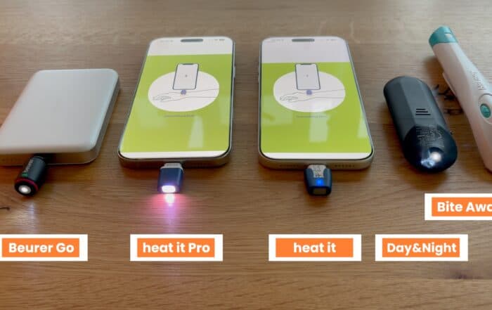 Fünf beschriftete Stichheiler nebeneinander: Beurer Go, heat it Pro, heat it, Day&Night und Bite Away, zwei davon am Smartphone