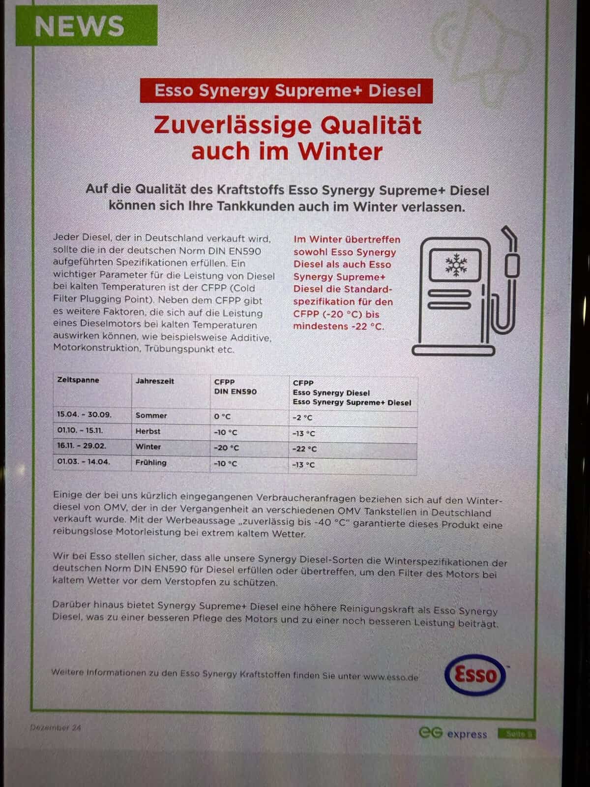 Esso-Aushang zum Winterdiesel mit Tabelle der CFPP-Grenzwerte je Jahreszeit nach DIN EN 590