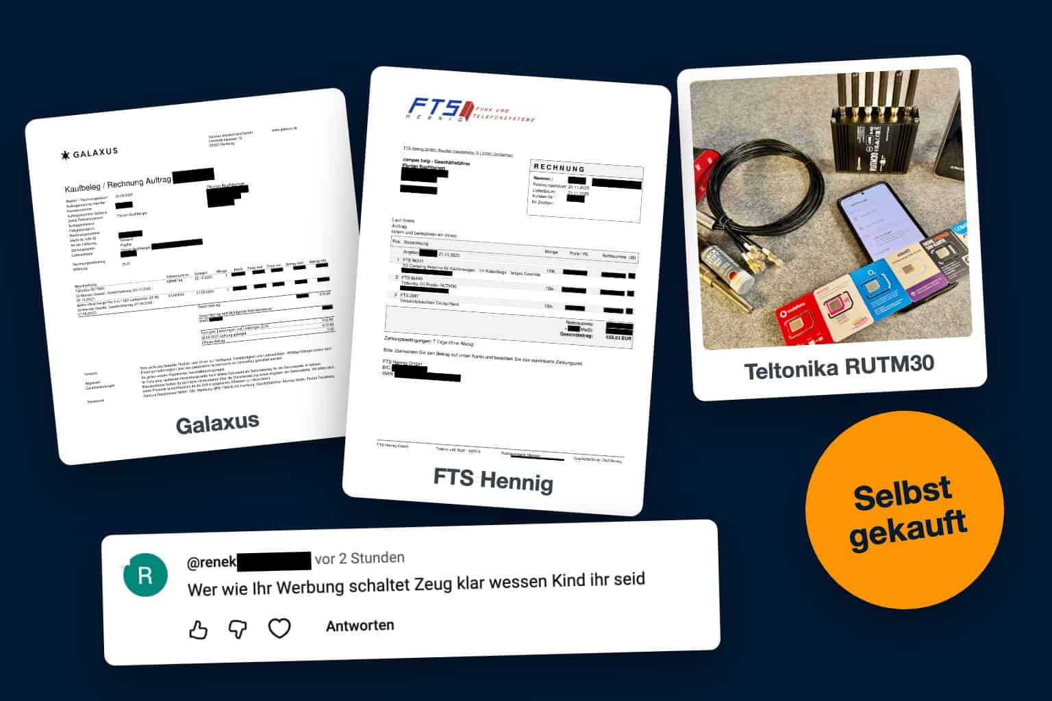 Zwei geschwärzte Rechnungen für den Teltonika RUTM30 von Galaxus und FTS Hennig, Foto des Routers, ein YouTube-Kommentar mit gekürztem Namen und der Stempel Selbst gekauft