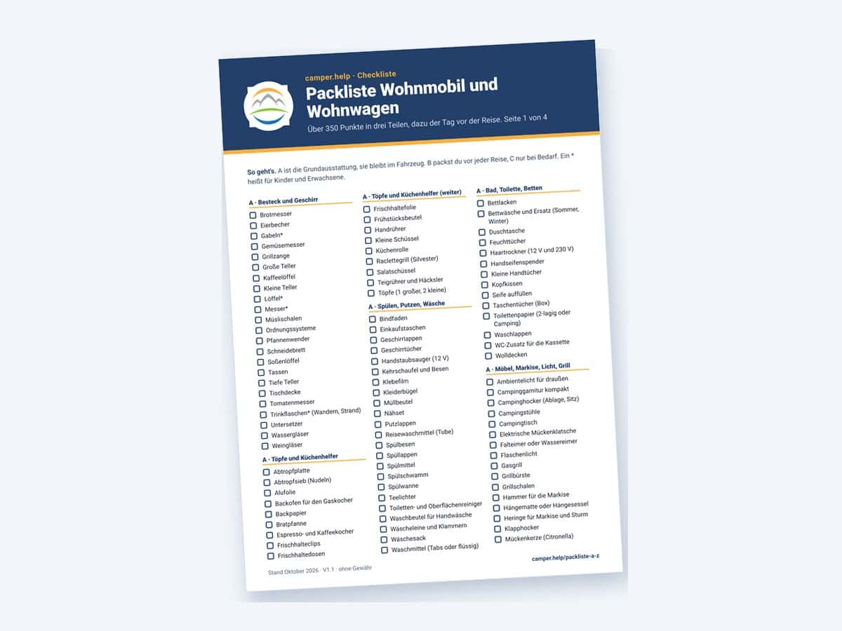 Checkliste Packliste Wohnmobil und Wohnwagen als PDF
