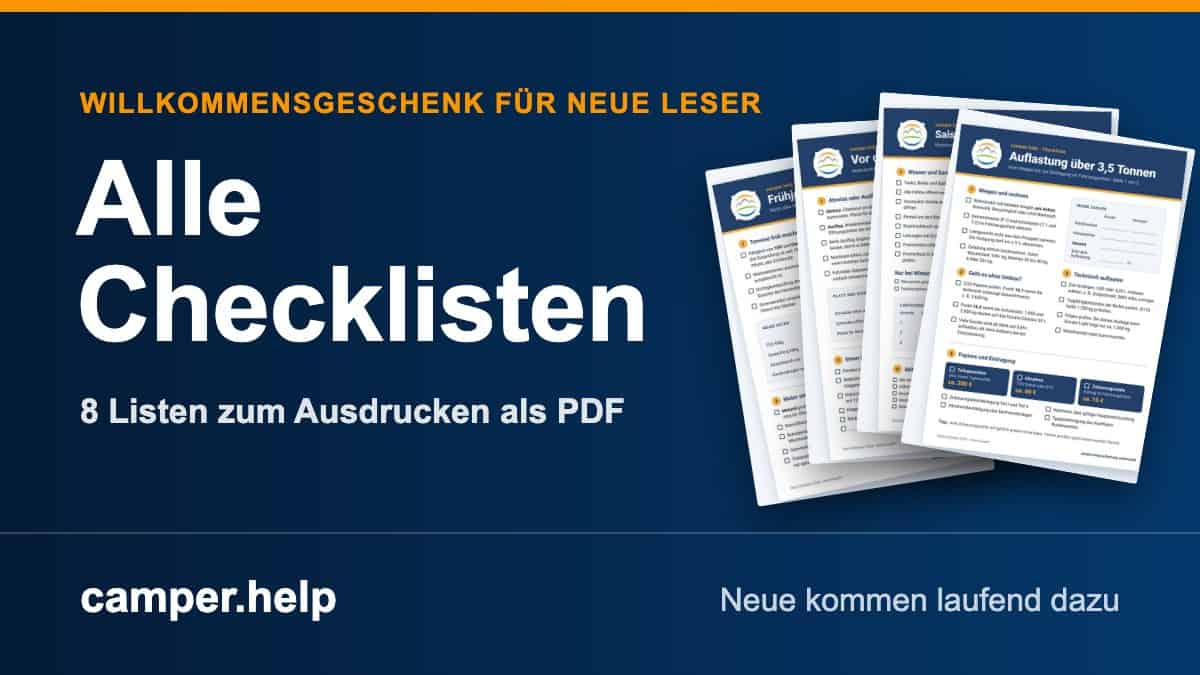Dunkelblaue Grafik mit orangem Streifen oben und dem Schriftzug Alle Checklisten, darüber Willkommensgeschenk für neue Leser, darunter 8 Listen zum Ausdrucken als PDF, rechts vier gedruckte Checklisten im Fächer