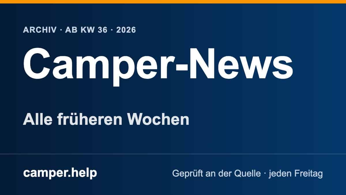 Dunkelblaue Grafik mit Farbverlauf und dem Schriftzug Camper-News, darüber Archiv ab KW 36 2026, darunter Alle früheren Wochen