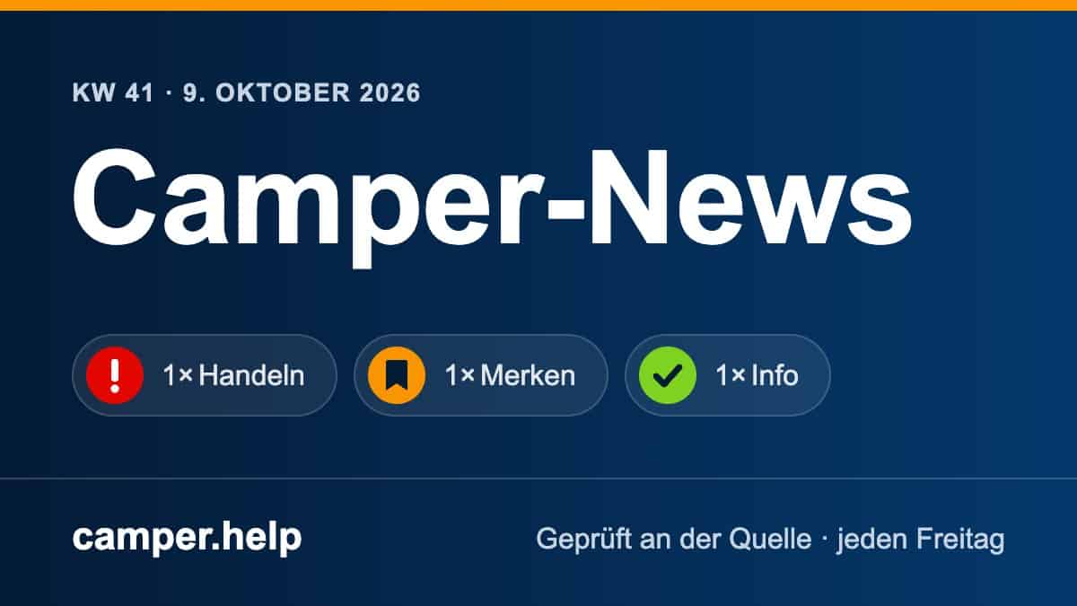 Dunkelblaue Grafik mit Farbverlauf und dem Schriftzug Camper-News, KW 41, 9. Oktober 2026, darunter 3 Ampelpillen für 1× Handeln, 1× Merken und 1× Info