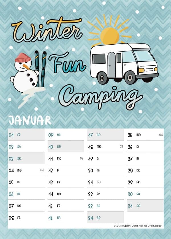 Januarblatt des Camperlove Kalenders 2027: Wohnmobil im Schnee mit Schneemann und Schriftzug Winter Fun Camping