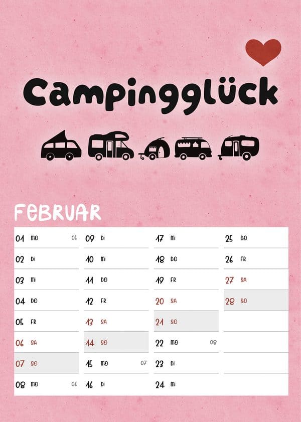 Februarblatt: fünf Camper-Silhouetten unter dem Schriftzug Campingglück auf Rosa