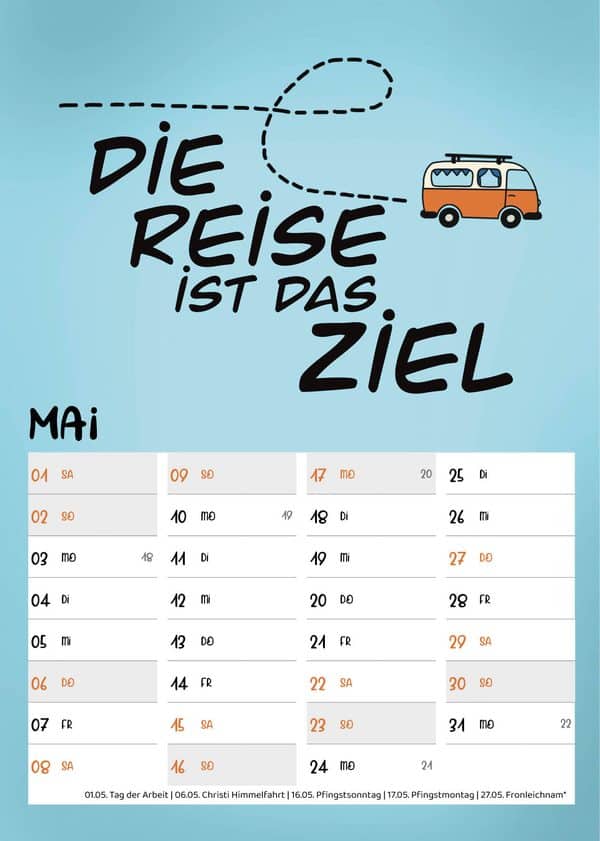 Maiblatt: orangefarbener Bulli auf gestrichelter Route und der Spruch Die Reise ist das Ziel