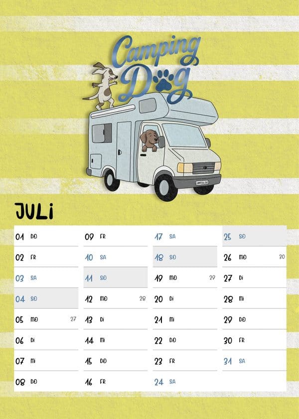 Juliblatt: zwei Hunde auf und im Wohnmobil unter dem Schriftzug Camping Dog