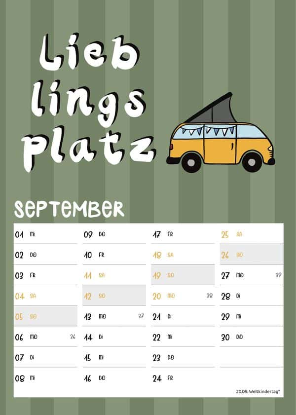 Septemberblatt: gelber Bulli mit Aufstelldach und Schriftzug Lieblingsplatz