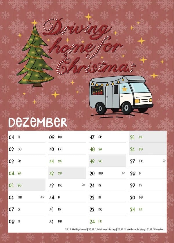 Dezemberblatt: Wohnmobil mit Lichterkette, Weihnachtsbaum und Schriftzug Driving home for Christmas