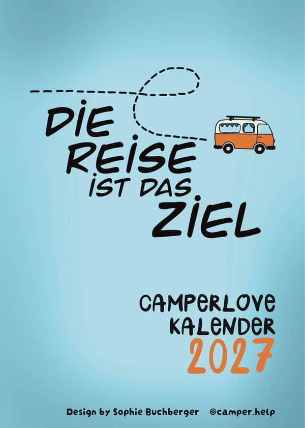 Titelblatt des Camperlove Kalenders 2027 mit orangem Bulli und dem Spruch Die Reise ist das Ziel