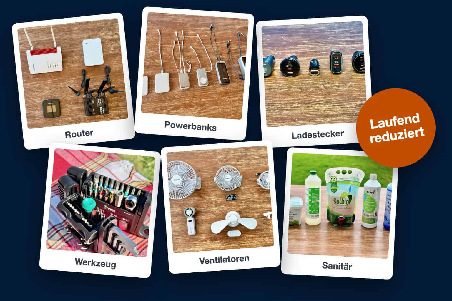 Sechs Polaroids mit Campingthemen Router, Powerbanks, Ladestecker, Werkzeug, Ventilatoren und Sanitär, dazu der Stempel Laufend reduziert
