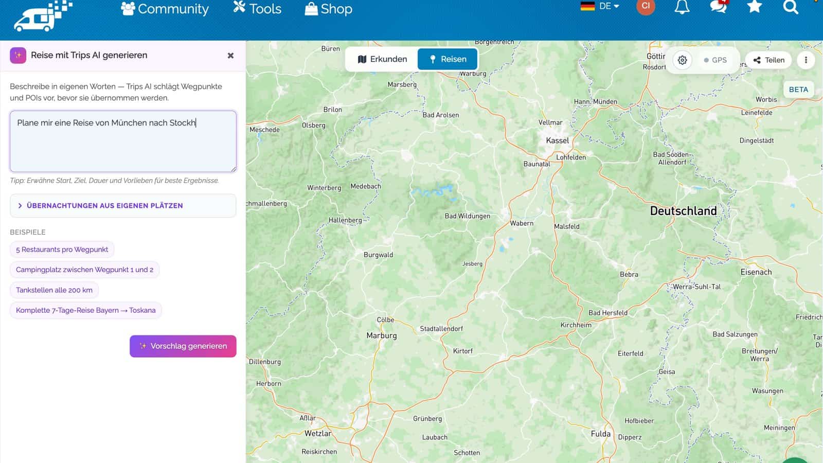 digicamper trips ai reiseplanung prompt DigiCamper Trips: Eingabefeld für die KI-Reiseplanung