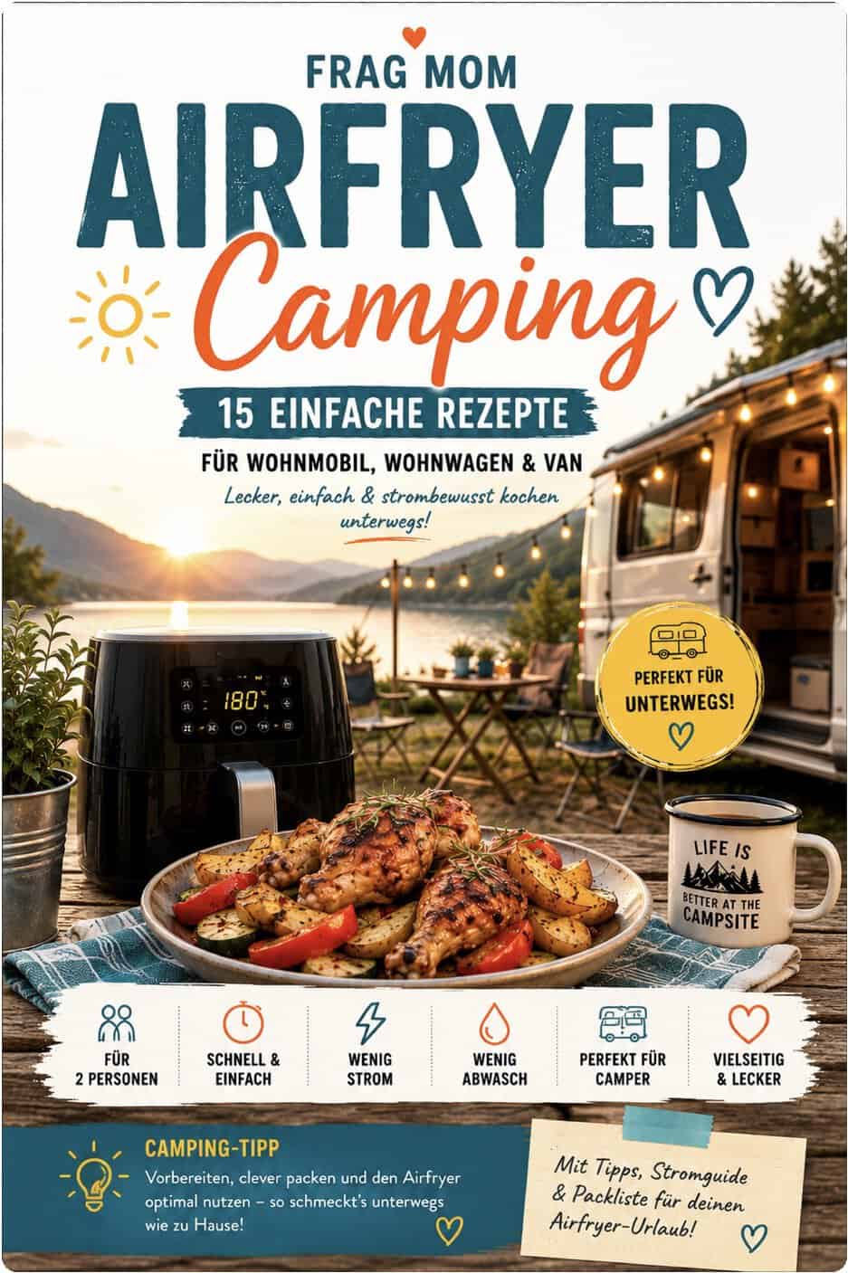 Titelseite von Ankes kostenlosem Kochbuch Airfryer Camping mit 15 einfachen Rezepten für Wohnmobil, Wohnwagen und Van