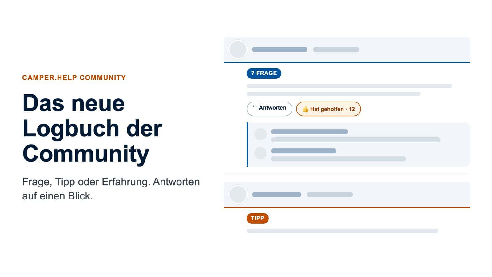 Illustration des neuen Kommentarbereichs auf camper.help: Kommentar mit Etikett Frage, Knopf Hat geholfen und Antworten im grauen Block
