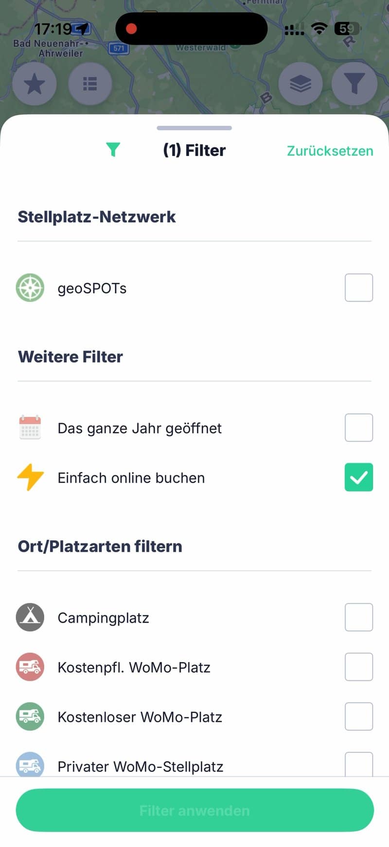 Der Filter Einfach online buchen in der park4night-App Der Filter Einfach online buchen in der park4night-App