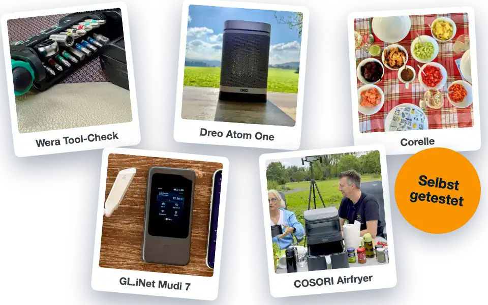 Fünf getestete Produkte als Fotostapel: Wera Tool-Check, Dreo Atom One, Corelle, GL.iNet Mudi 7, COSORI Airfryer. Stempel: Selbst getestet